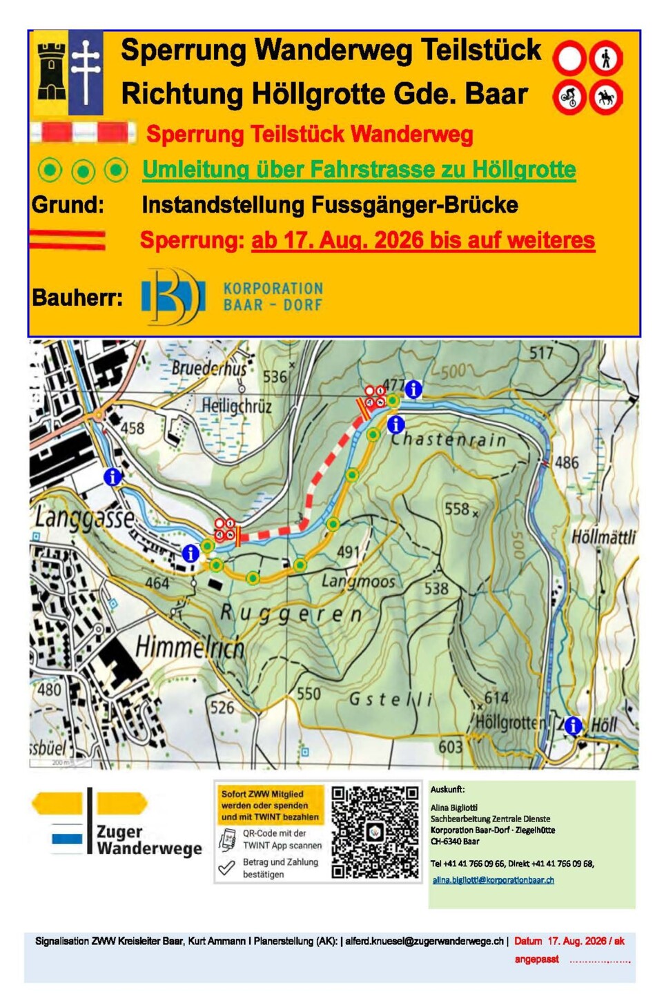 Sperrung  Umleitung Wanderweg-Teilstück Richtung Höllgrotte Baar 17