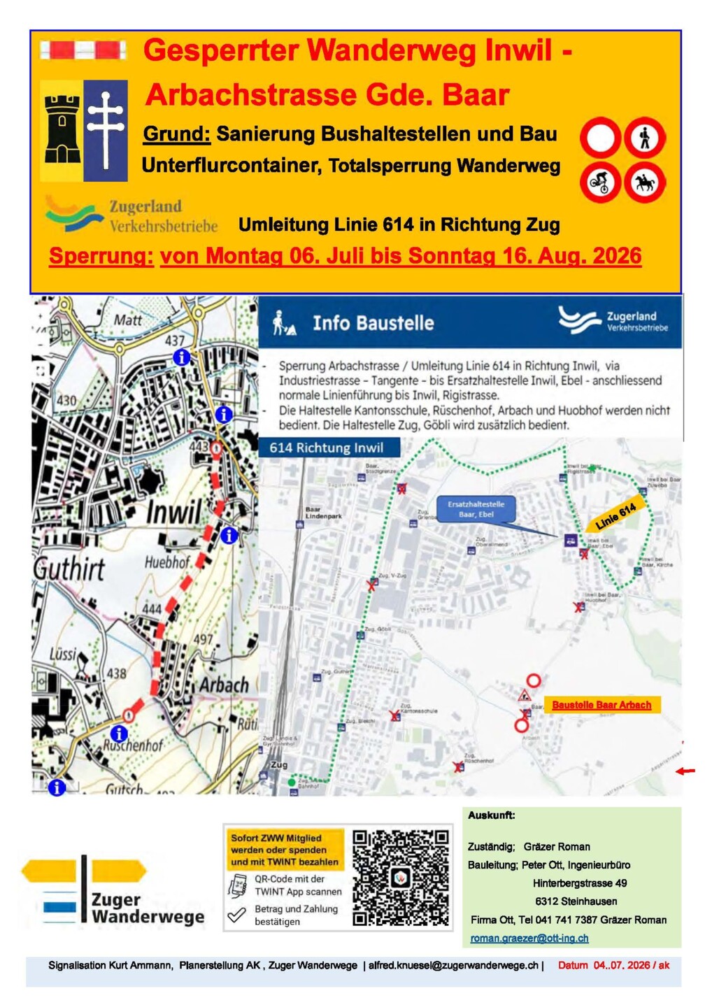 Sperrung Wanderweg Inwil - Arbachstrasse Gde Baar 06