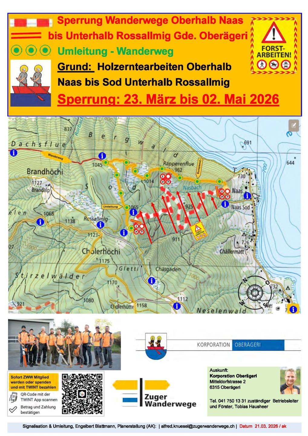 Sperrung Wanderwege Oberhalb Naas bis Sod Gde