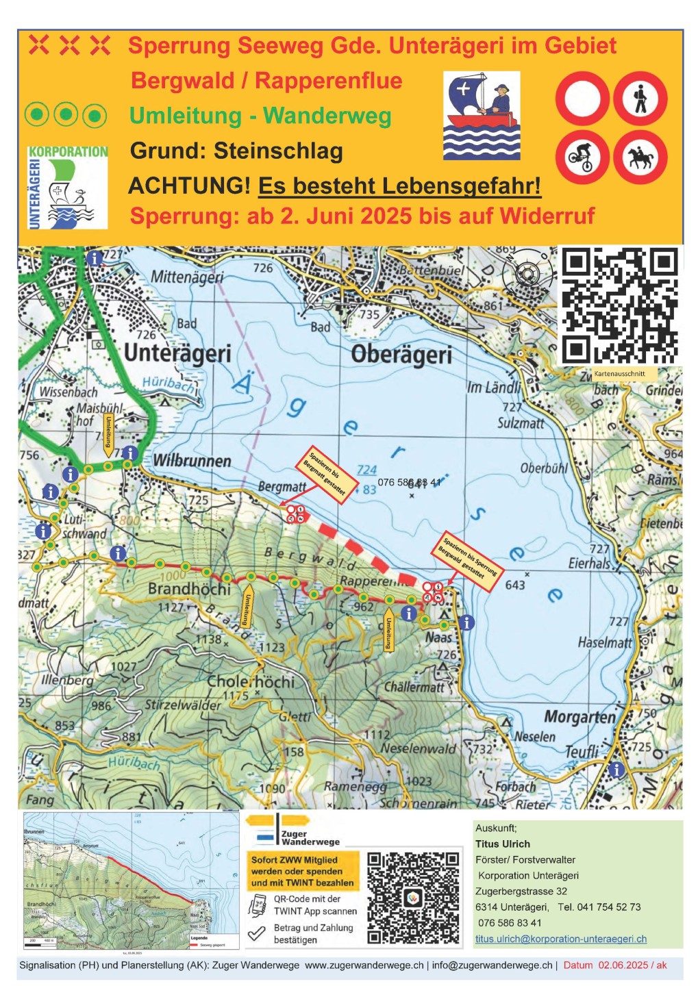 Sperrung Teil Seeweg Bergwald Rapperenflue Gde