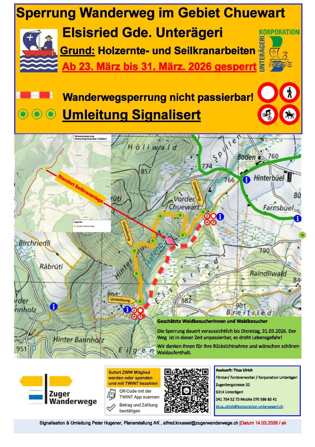 Sperrung Wanderweg im Gebiet Chuewart Elsisried Gde