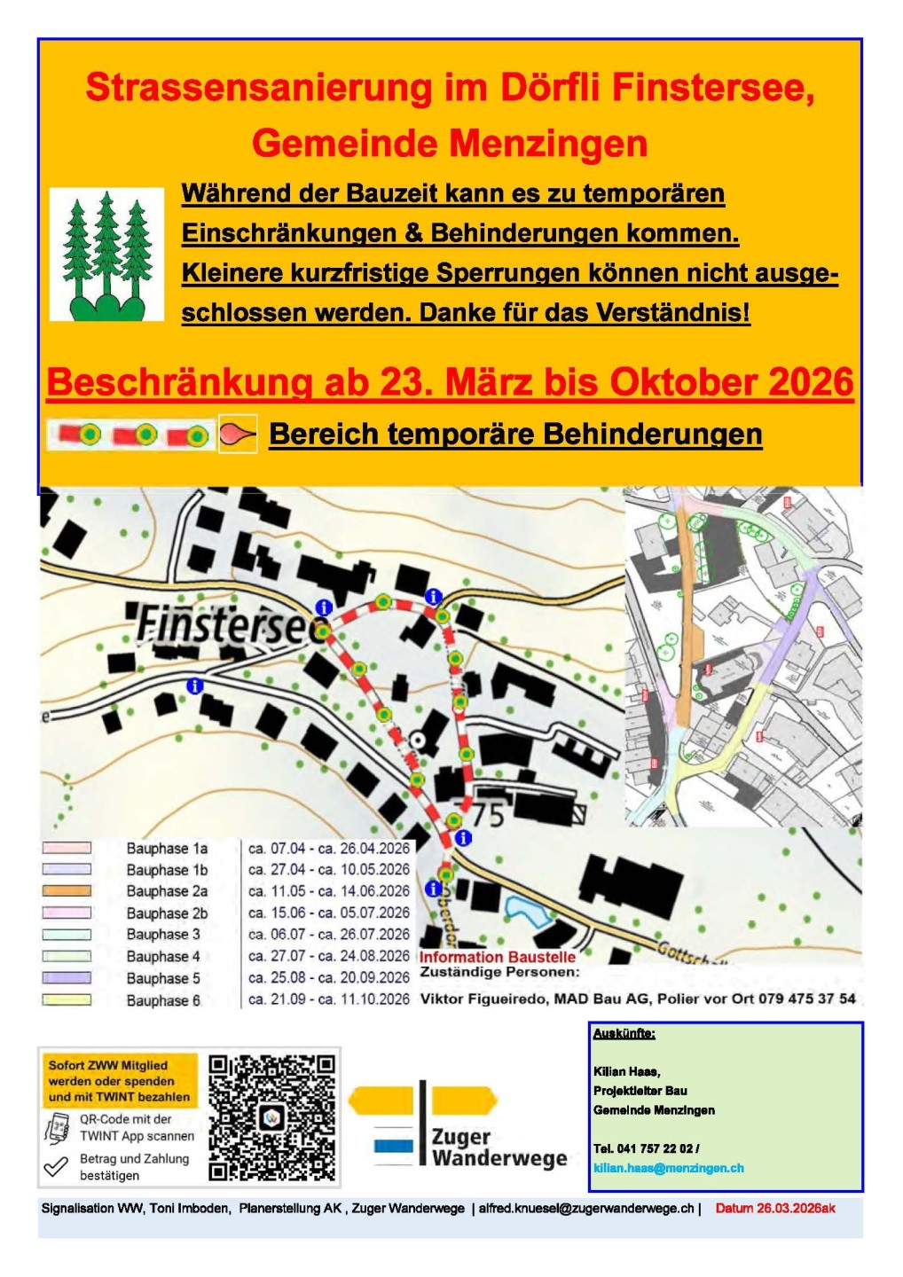 Temporäre Behinderung Strassensanierung im Dörfli Finstersee Gde Menzingen A4